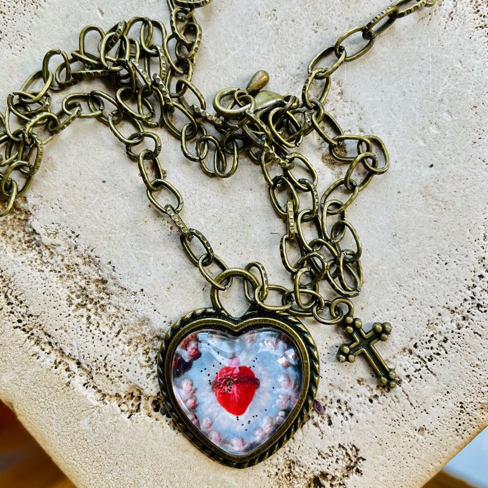 Sacred Heart Surrounded by Cherubs Brass Heart Necklace